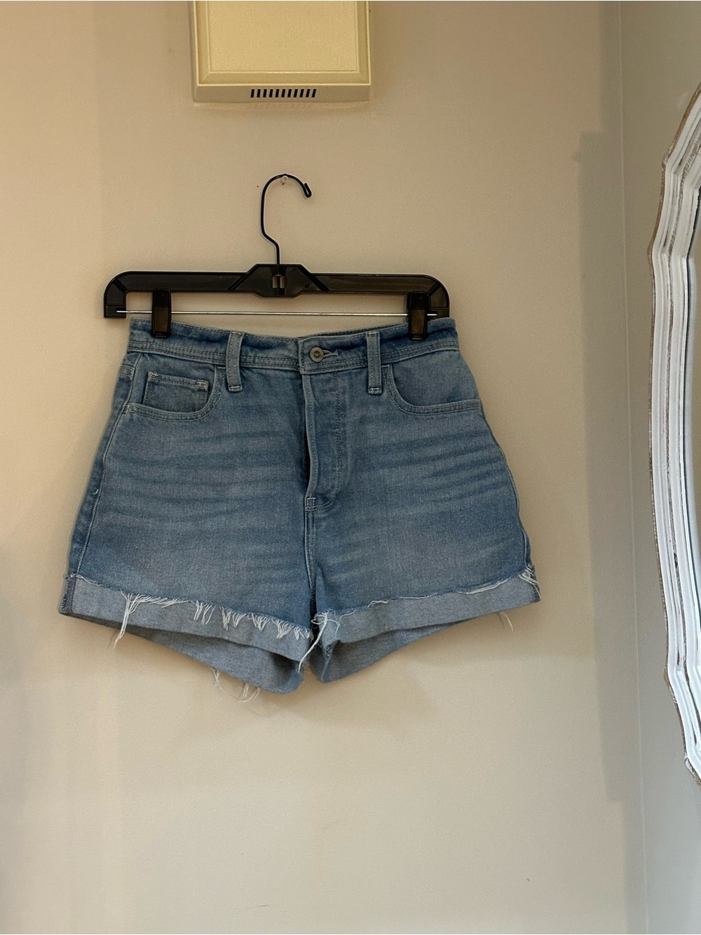 Hollister Light Wash Denim Roll-Cuff Shorts with button fly